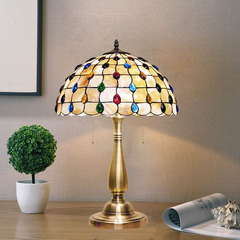 Jewel-Embedded Grid Table Light Tiffany Shell 2 Bulbs Gold Pull Chain Nightstand Lamp for Bedroom