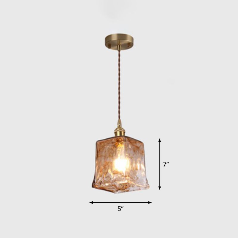 Antique Shaded Pendant Light 1-Light Brown Glass Hanging Light in Brass for Dining Room