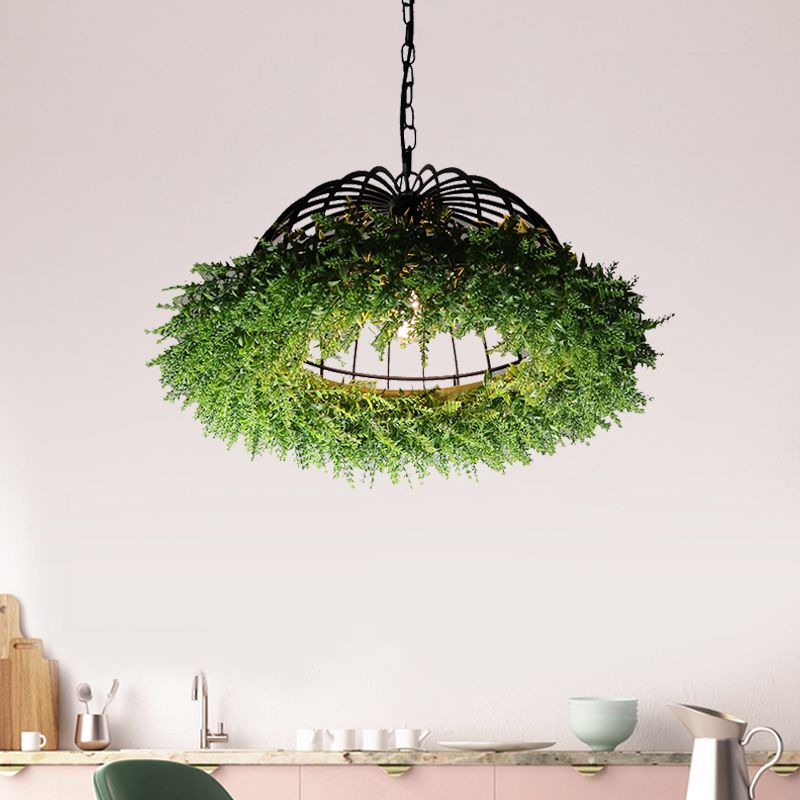 Purple/Green 1 Head Ceiling Pendant Antique Iron Bowl Cage Hanging Light Fixture with Plant Decoration