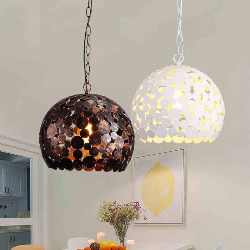 Hollowed Out Dome Iron Hanging Light Modern 1 Bulb Living Room Ceiling Pendant Lamp in Red Brown/White