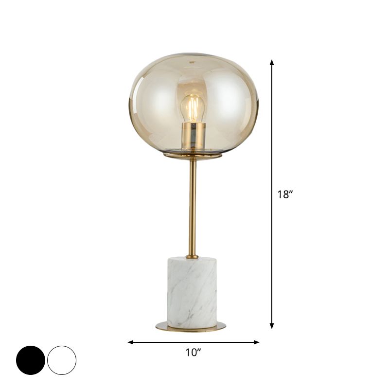 Oblate Bedside Nightstand Lamp Amber Glass 1 Bulb Minimalistic Table Light with Cylindrical Marble Base