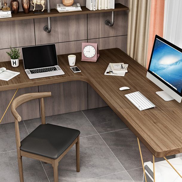 Glam Style Office Desk Solid Wood L-Shaped Desk with Gold Frame