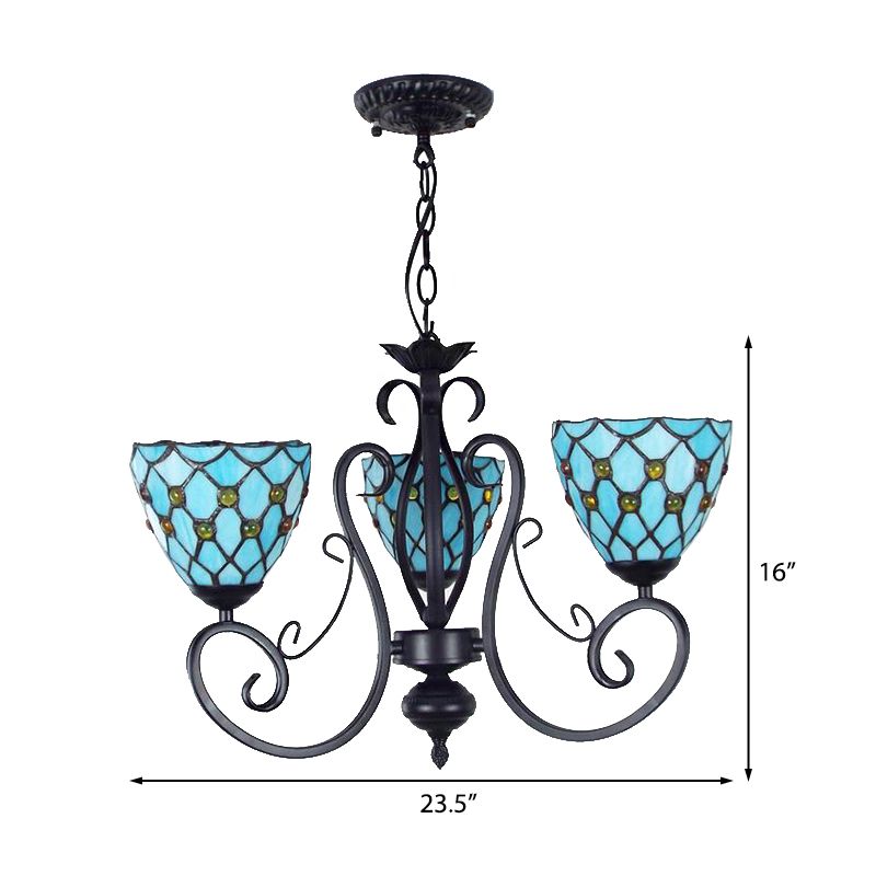 Perlendecke Anhänger Licht mit Schüssel Schatten Blaues Glas traditioneller Kronleuchter mit Metallkette