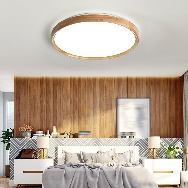 Wood Drum Shade Flush Mount Minimalist 1 Light Flush Chandelier for Dining Room