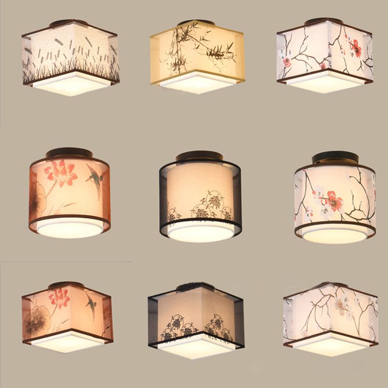 1-Bulb Ceiling Flush Mount Vintage Hallway Flush Lamp with Double Fabric Shade in Black