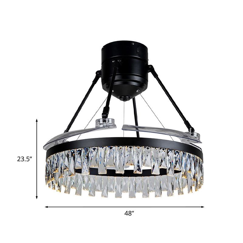 48" Wide 3-Blade LED Flush Ceiling Fan Contemporary Circle Prismatic Crystal Semi Flush Light in Black