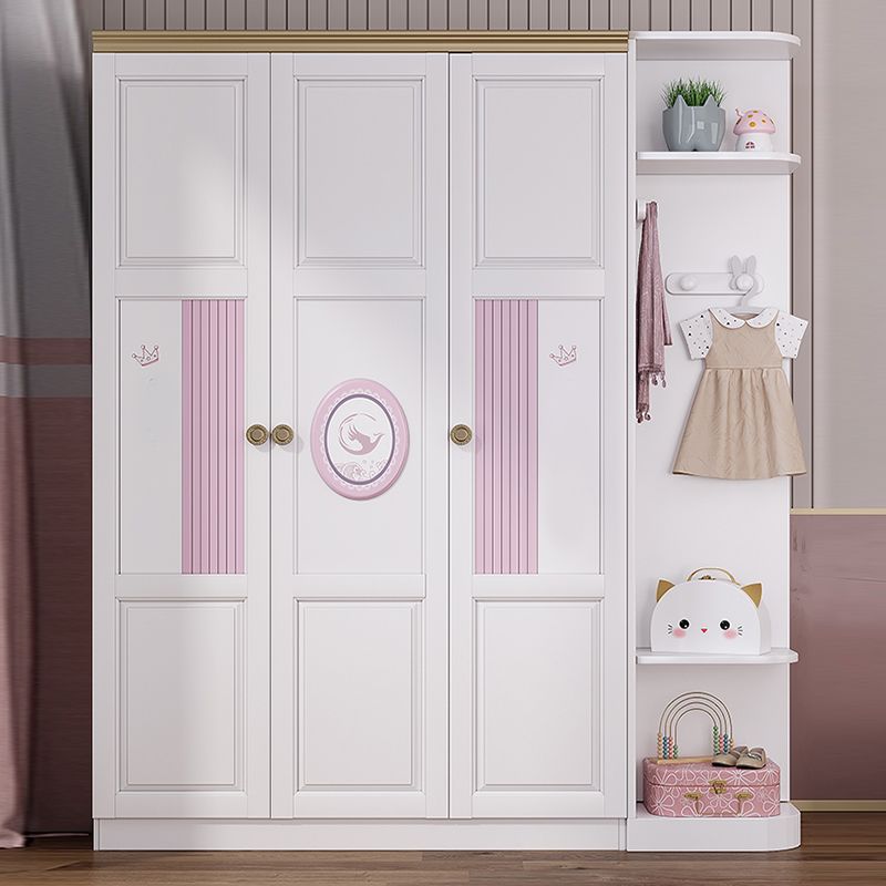 White and Pink Wardrobe Closet with Door Solid Wood Bedroom Armoire