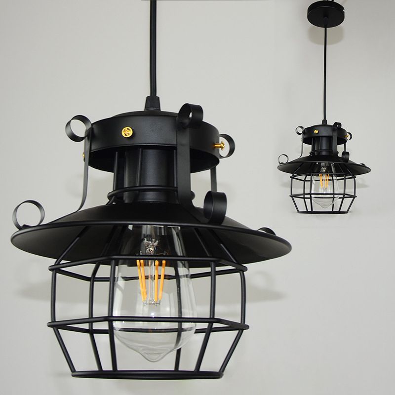 Retro Industrial Open Grid Cage Pendant Light Iron 1 Light Black Suspension Light  for Dining Table