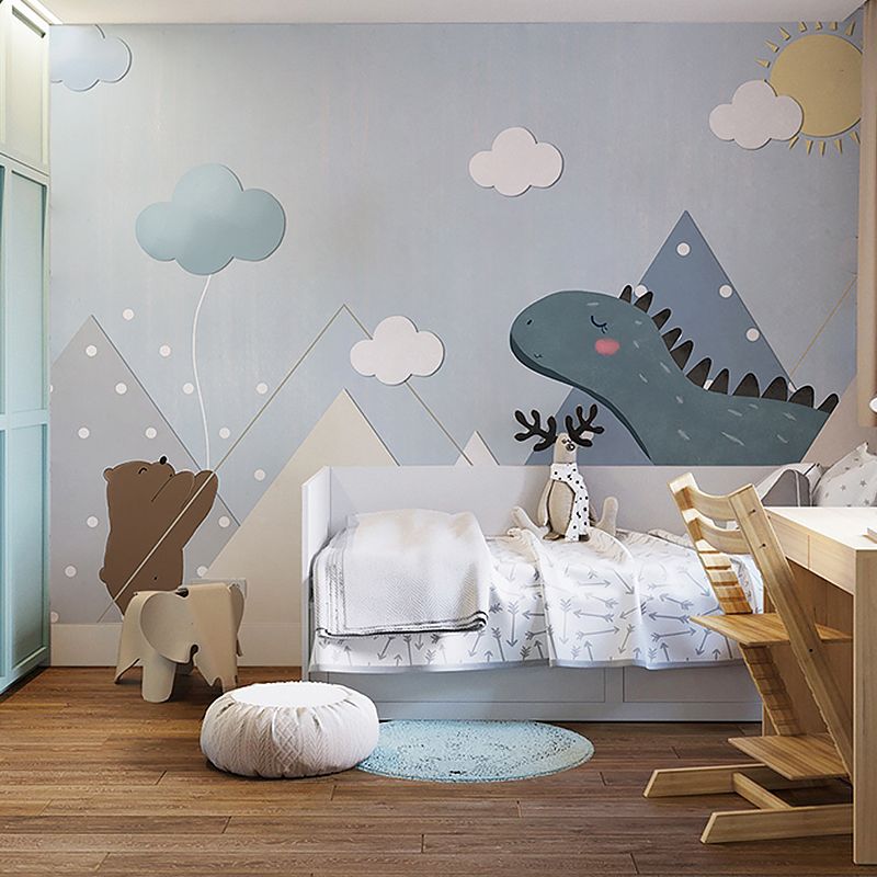 Full Illustration Simple Wall Mural Kid's Bedroom Cartoon Dinosaur in Blue