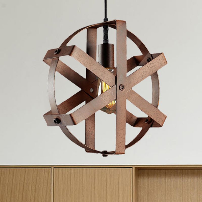 1-Light Cage Round Pendant Lightture Rustic Rust Fer Sanging Plafond Plafond pour salle à manger