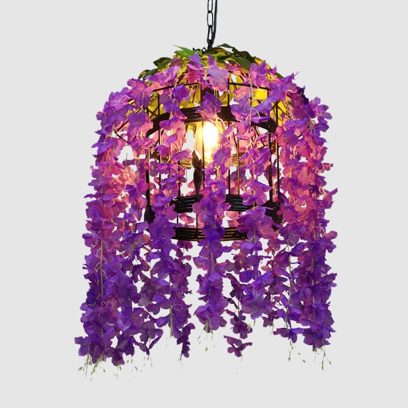 Vintage Drum Drop Pendant 1 Licht metalen LED Bloem Hangende lichtkit in roze/paars voor restaurant