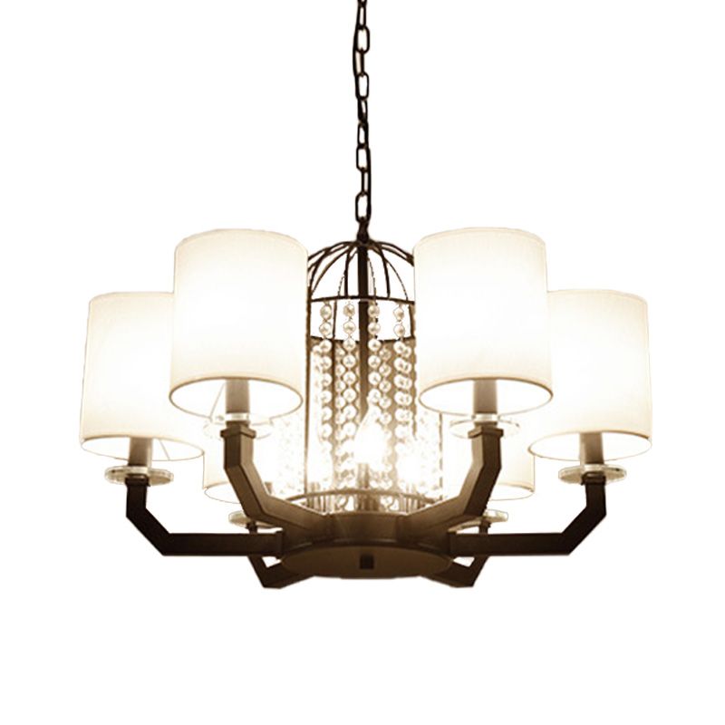 Minimalist Drum Crystal Chandelier Lighting 9/12 Lights Hanging Pendant with White Fabric Shade