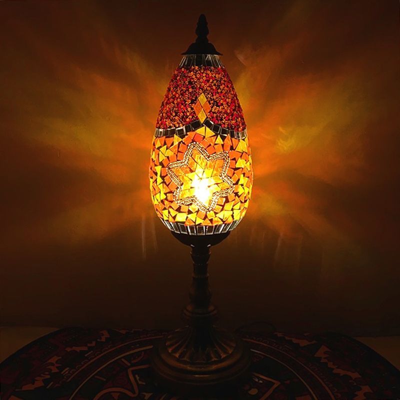 Orange/Red 1 Bulb Table Light Antique Stained Art Glass Teardrop Plug In Nightstand Lamp for Living Room