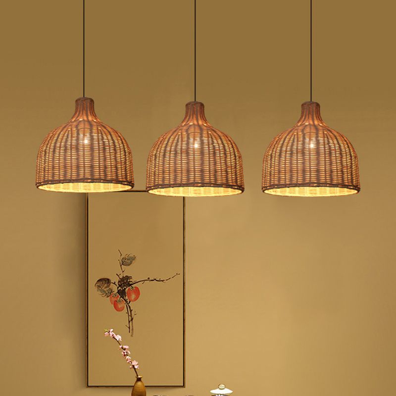 Rattan Bell Shaded Pendant Light Contemporary Single-Bulb Wood Suspension Lighting Fixture