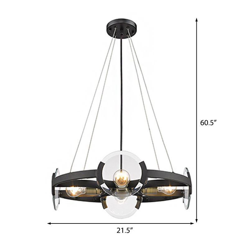 Black Round Chandelier Pendant Modern Metallic 4-Light Ceiling Light Fixture with Exposed Bulb Design