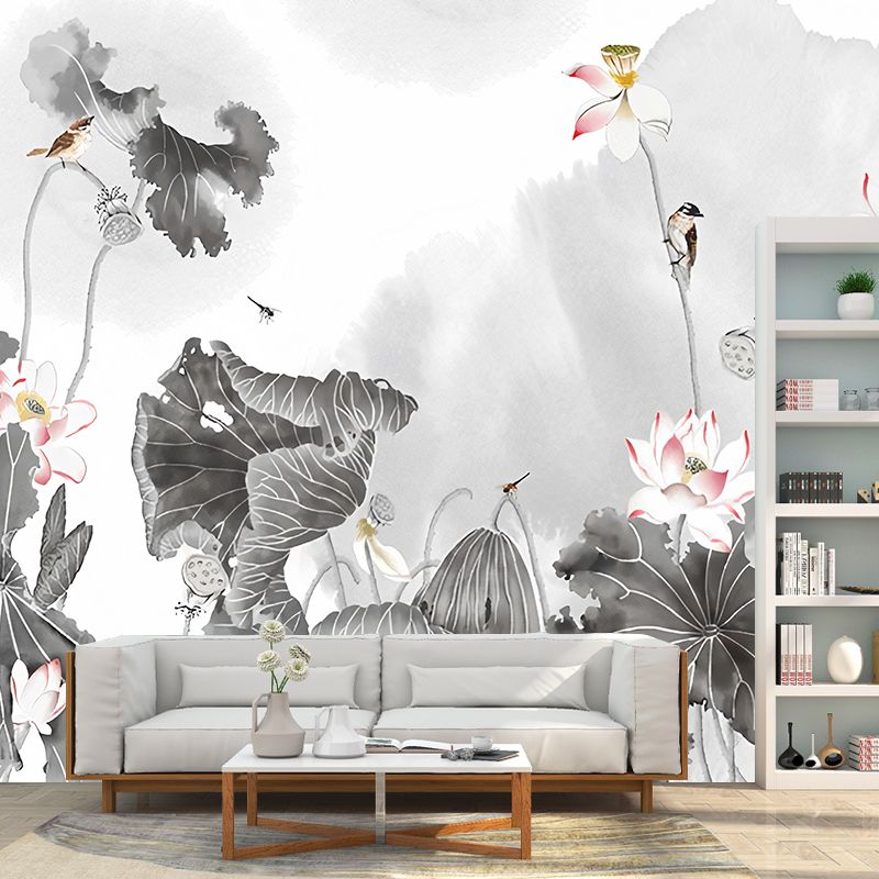 Giant Illustration Vintage Wall Mural for Guest Room with Watercolors of Lotus in Grey and Pink