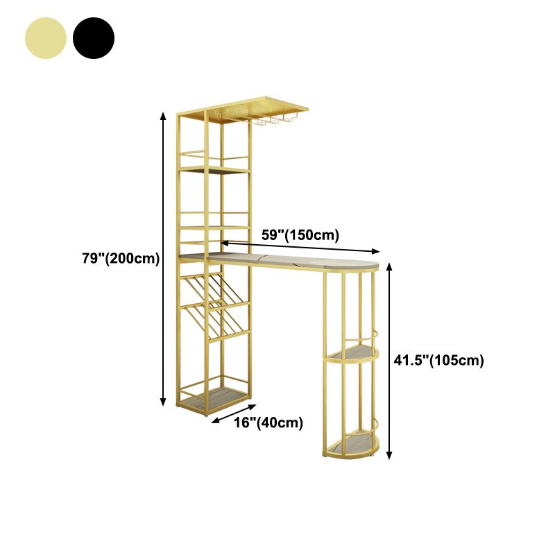 Glam White Stone Bar Dining Table Metal Double Pedestal Bistro Table with Wine Rack