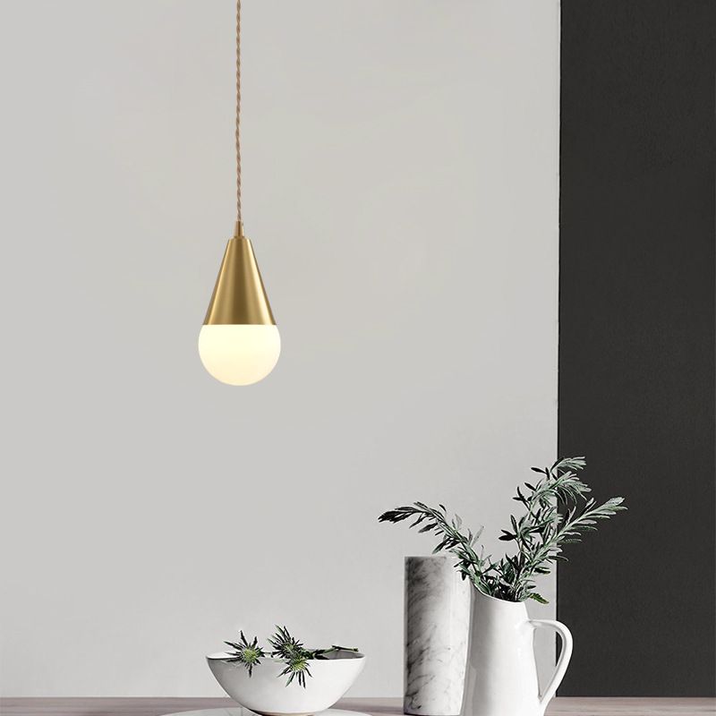 Brass Water-drop Shaped Hanging Light Minimalist 1-Light White Glass Ceiling Pendant