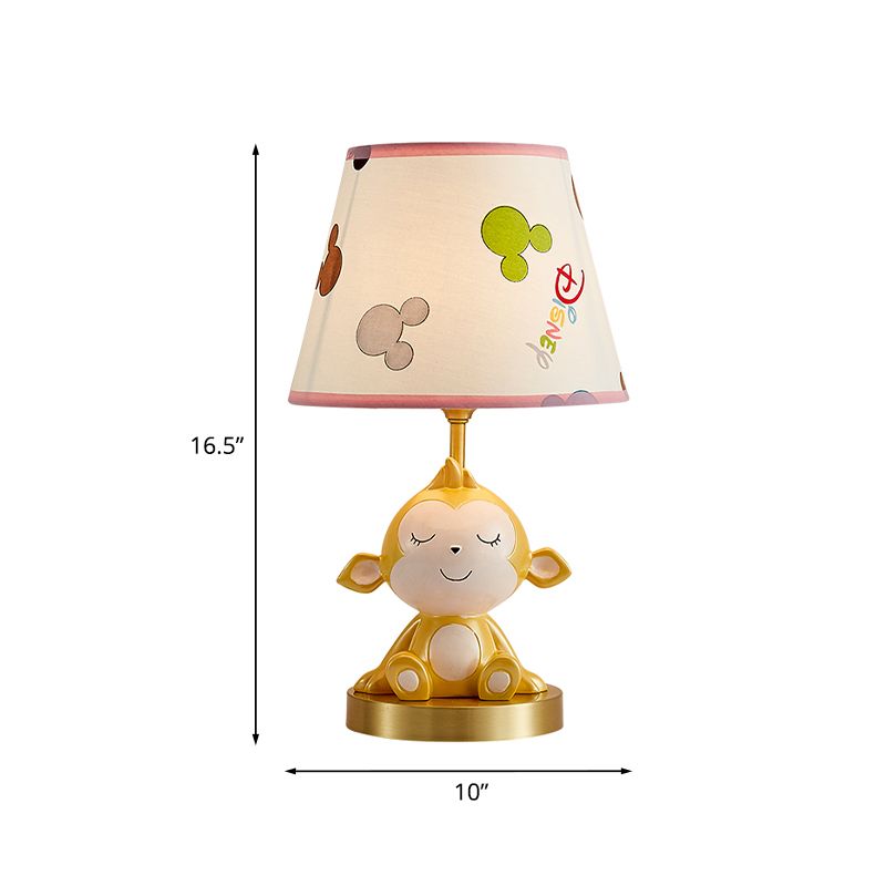 Cone Printed Fabric Nightstand Light Cartoon 1 Head White Table Lamp with Gold Monkey Base