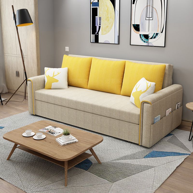 Cream Color Contemporary Linen Square Arm Sofa Bed Standard Sofa for Living Room