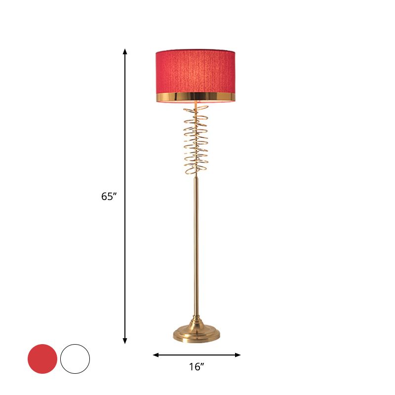 Fabric White/Red Floor Light Drum Single Head Antique Stand Up Lamp with Rings Deco for Parlor