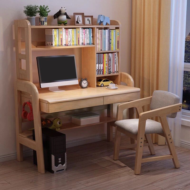 Solid Wood Writing Desk with Drawer Adjustable Height Desk for Bedroom without Chair