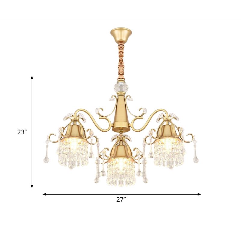 Gold 3 Heads Pendulum Lighting Post Modern Crystal Drip Cylinder Hanging Chandelier for Bedroom