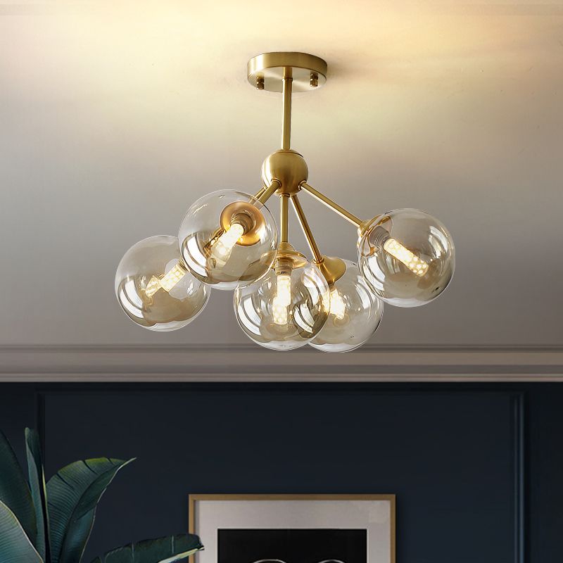 5 Heads Dining Room Pendant Chandelier Modern Brass Hanging Light Kit with Orb Amber Glass Shade