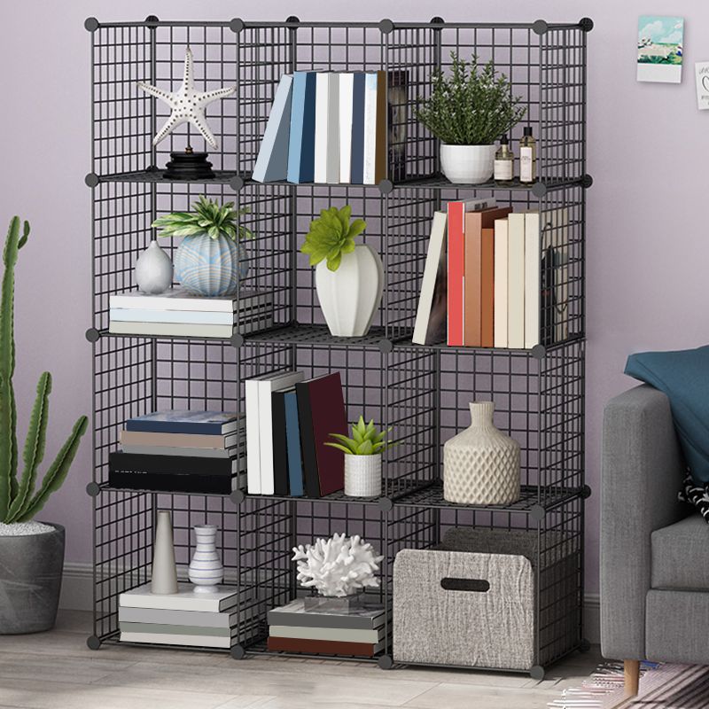 Industrial Closed Back Cubby Storage Bookcase Metal Bookshelf in Black