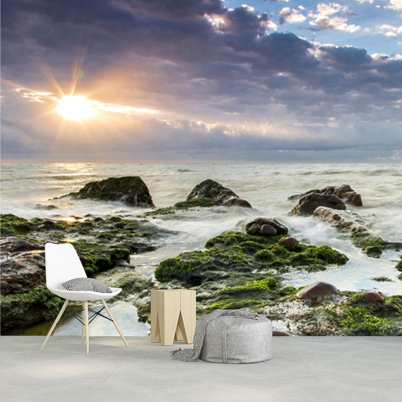 Big Seascapes Wall Paper Mural for Home Evening Sunshine on Moss Stone Wall Decor in Green, Washable