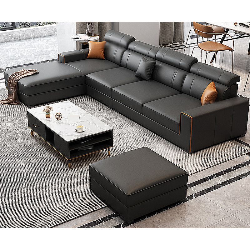 Square Arm Sectional Dark Gray Cushion Back Storage Faux Leather Living Room Sofa