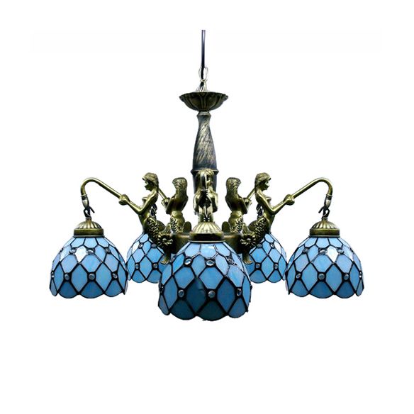 5 lumières Dome Chandelier suspendu Tiffany Blue Cut Glass Pendant Lightture avec sirène déco