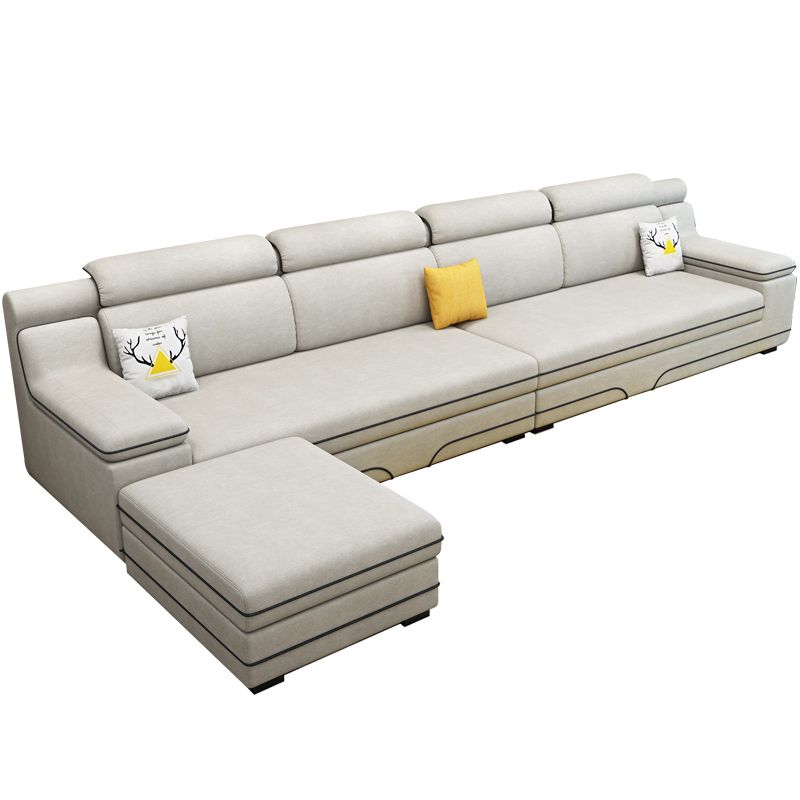 Contemporary Reversible Sectional Linen/Faux Leather Sofa with Ottoman for Four People