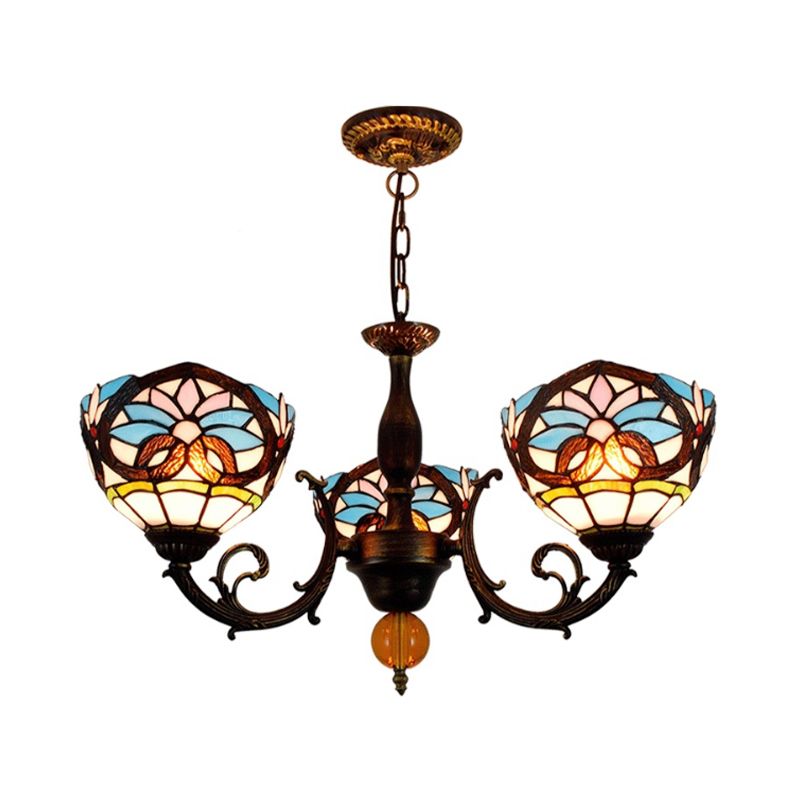 Lodge Bowl-Shaped Chandelier Stained Glass 3 Lights Decorative Inverted Chandelier with Crystal in Multicolor