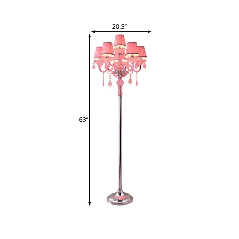 Crystal Pink Floor Reading Lamp Candlestick 5/6/7-Head Traditional Standing Light with Pleated Lampshade