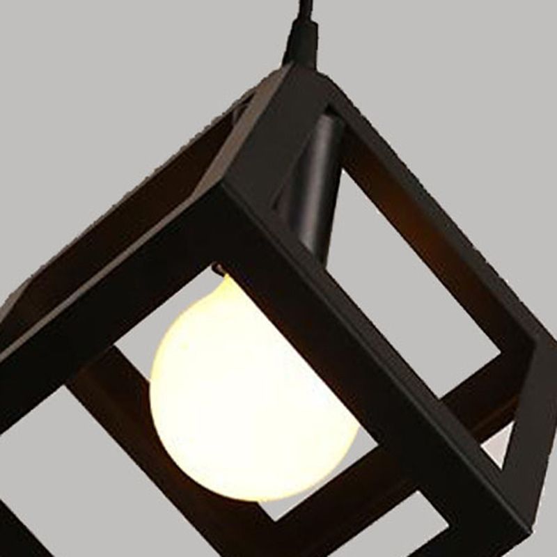 Square Cage Restaurant Pendant Ceiling Light Vintage Metal Black Hanging Light Fixture