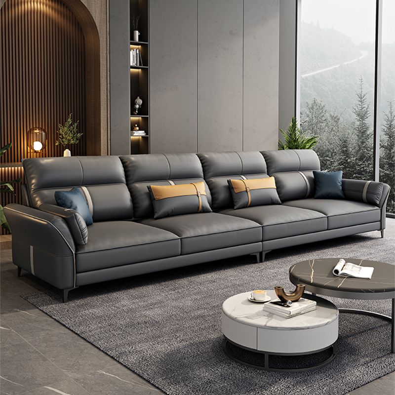 Contemporary Dark Gray Sofa Faux Leather Stain-Resistant Sectional with Pillow Top Arm