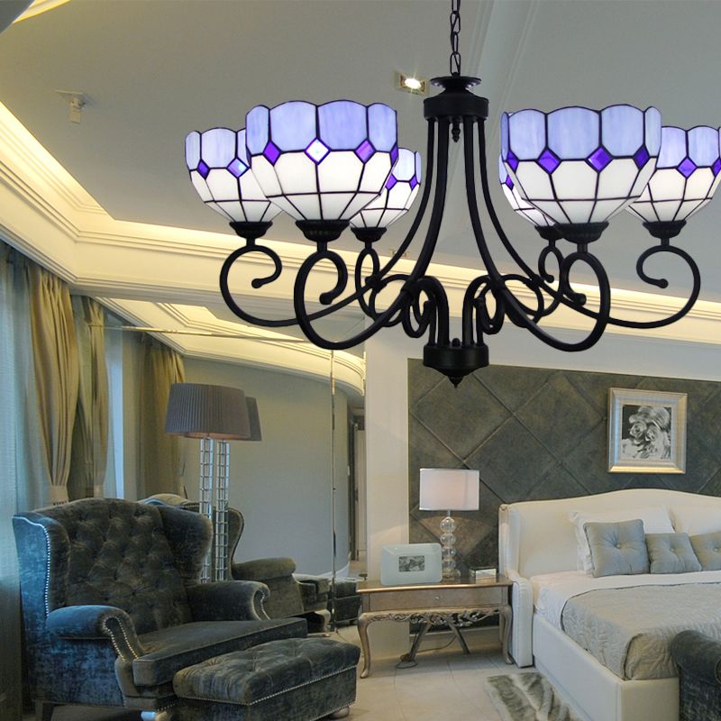 Mediterranean Chandelier Light with Stained Glass Bowl Shade Multi Light for Foyer Pendant Light