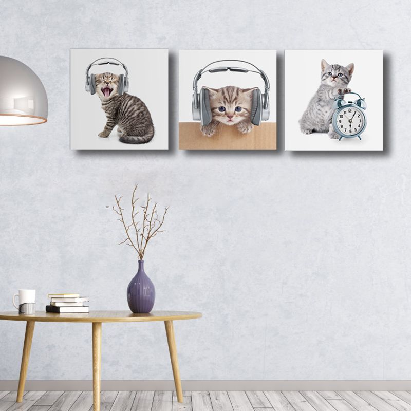 Gray Cat Painting Multi-Piece Childrens' Art Dining Room Canvas Print, Multiple Sizes, Set of 3