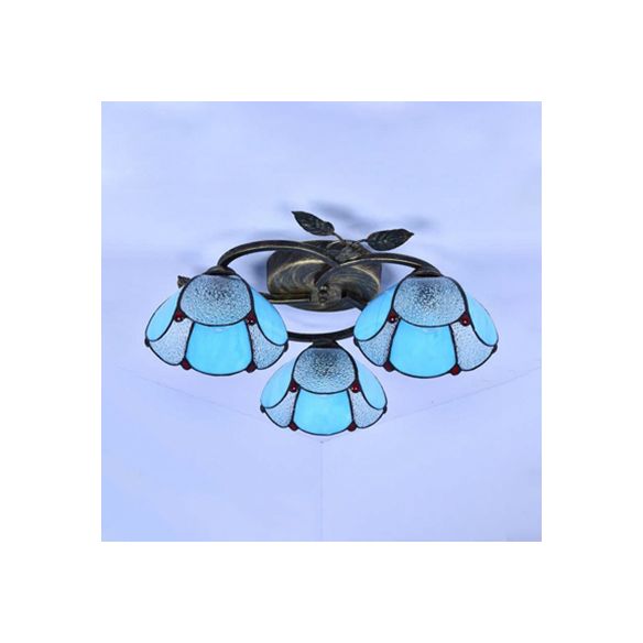 Industrial Vintage Bowl Ceiling Light Stained Glass 3 Lights Flushmount Ceiling Light in Blue/Clear for Bedroom