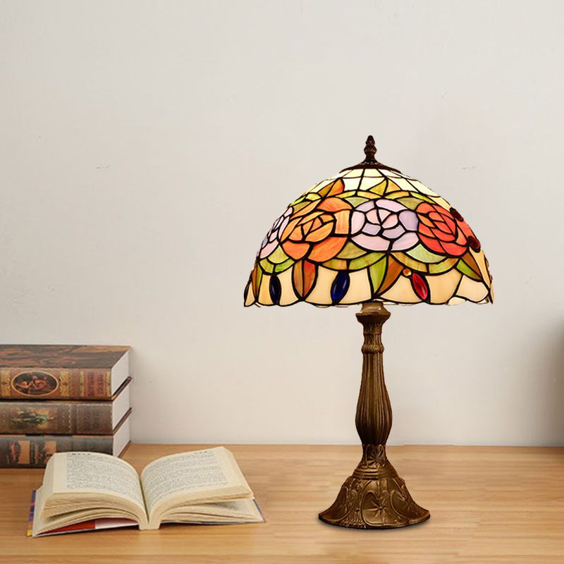 Domed Nightstand Light 1-Bulb Stained Art Glass Baroque Blossom Patterned Night Lighting in Red/Beige/Green