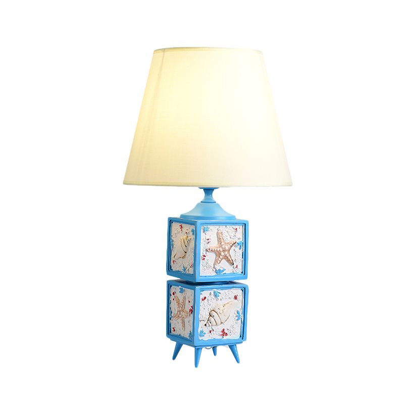 2-Cube Nightstand Light Mediterranean Style Resin Single Bedroom Fabric Table Lamp in Sky Blue/Water Blue