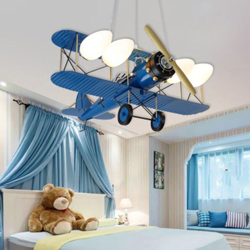 5 Lights Airplane Shape Pendant Lights Kids Metallic Ceiling Hang Fixtures for Kindergarten