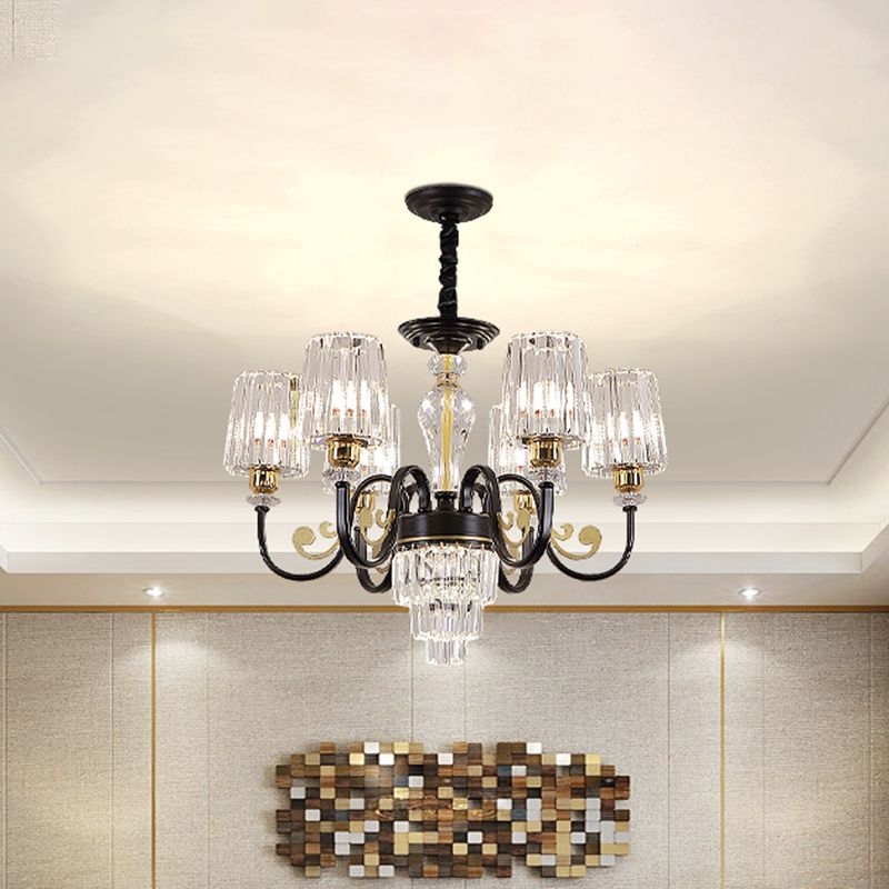 Black 6 Heads Chandelier Light Modern Metal Curvy Arm Hanging Light Fixture with Clear Cylinder Shade