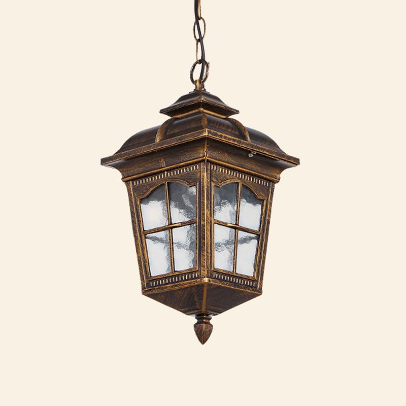 1-Light Clear Ripple Glass Drop Pendant Lodge Bronze Lantern Outdoor Hanging Fixture