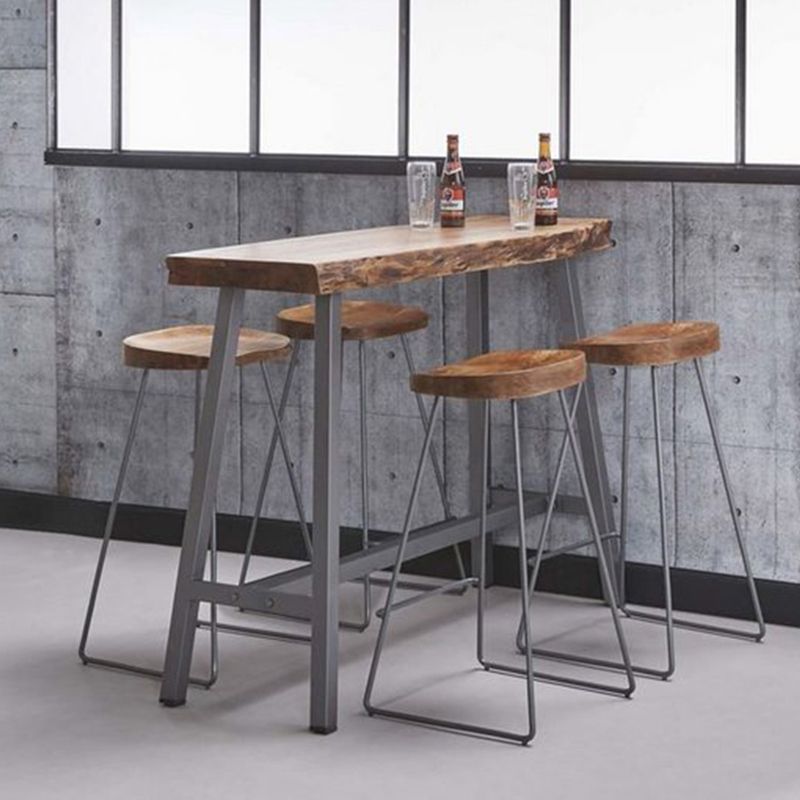 Industrial Bistro Table with Grey Metal Frame Distressed Brown Pine Wood Top Bar Table