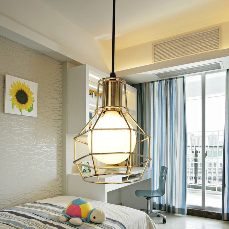 Ball Shaped Cage Bedroom Ceiling Hang Lamp Industrial Metal 1 Bulb Pendant Light Fixture