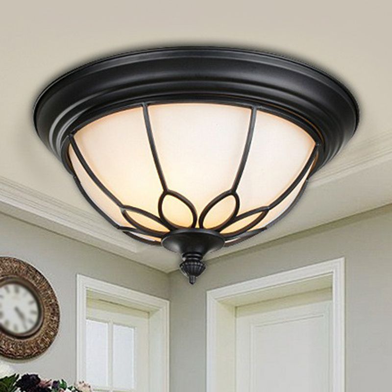 2 Bulbs Flush Mount Lighting Retro Floral Iron Flush Mount Ceiling Light with Bowl Opal Glass Shade in Black