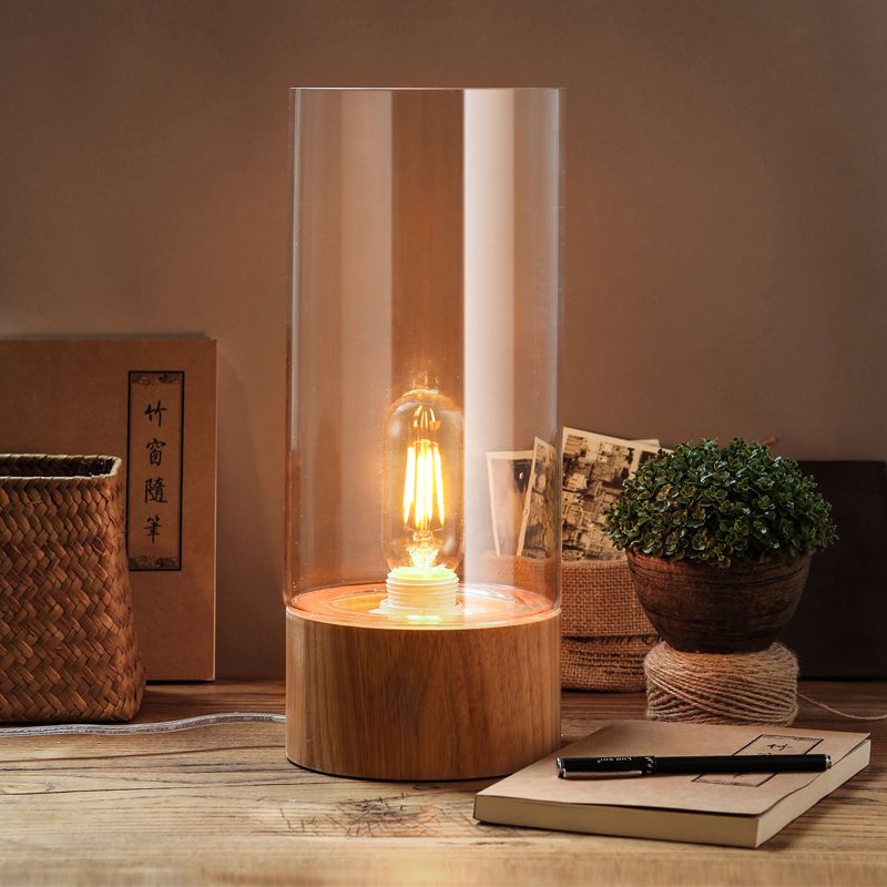 Cylinder Bedroom Small Desk Light Clear Glass 1 Bulb LED Simple Reading Book Lamp with Wood Base