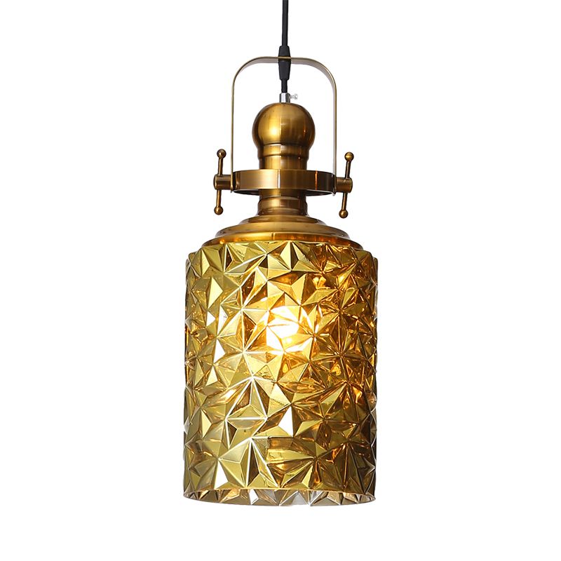 Loft Cylindrical Ceiling Hang Fixture 1 Bulb Rust/Chrome/Gold Textured Glass Pendant Lighting for Restaurant